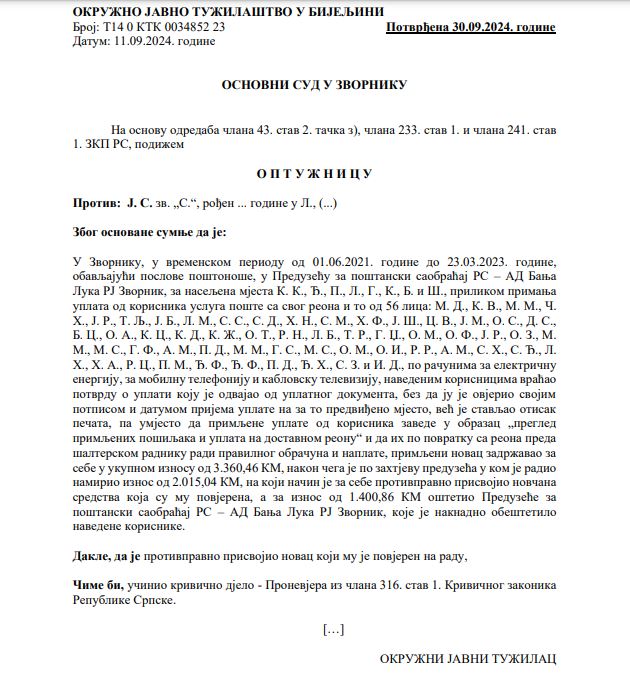 postar optuznica